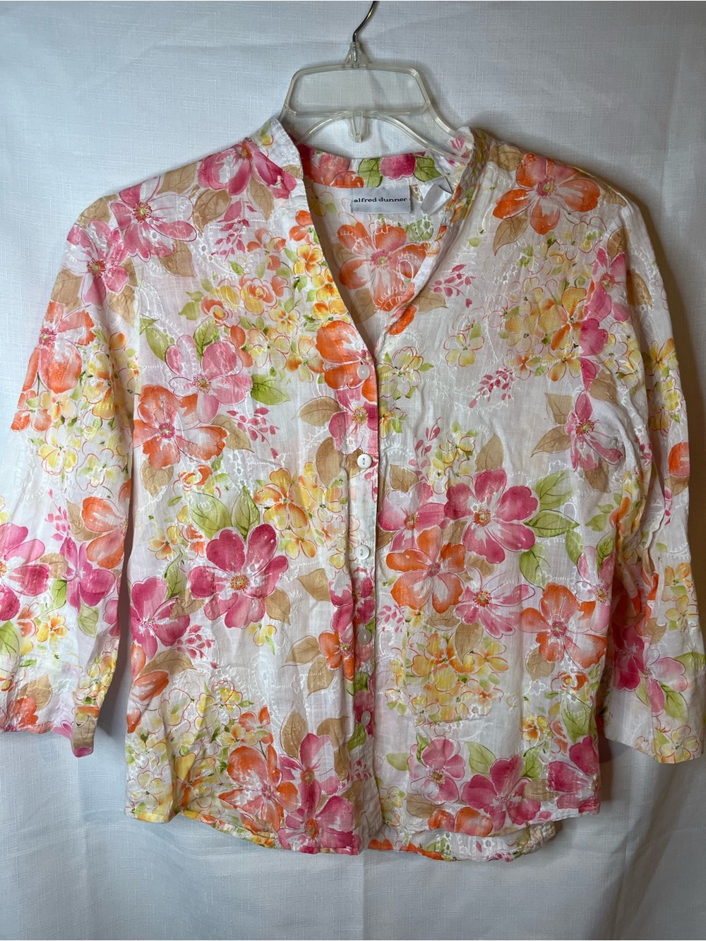 Alfred Dunner Floral Button-Front Shirt in White with Pink & Orange Blooms
